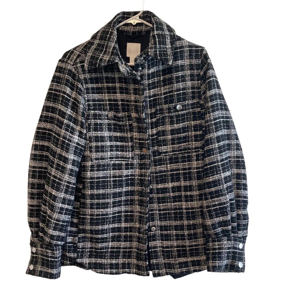 H&M Jacquard Weave Shacket Jacket Womens XS Black White Plaid Turn Down Collar